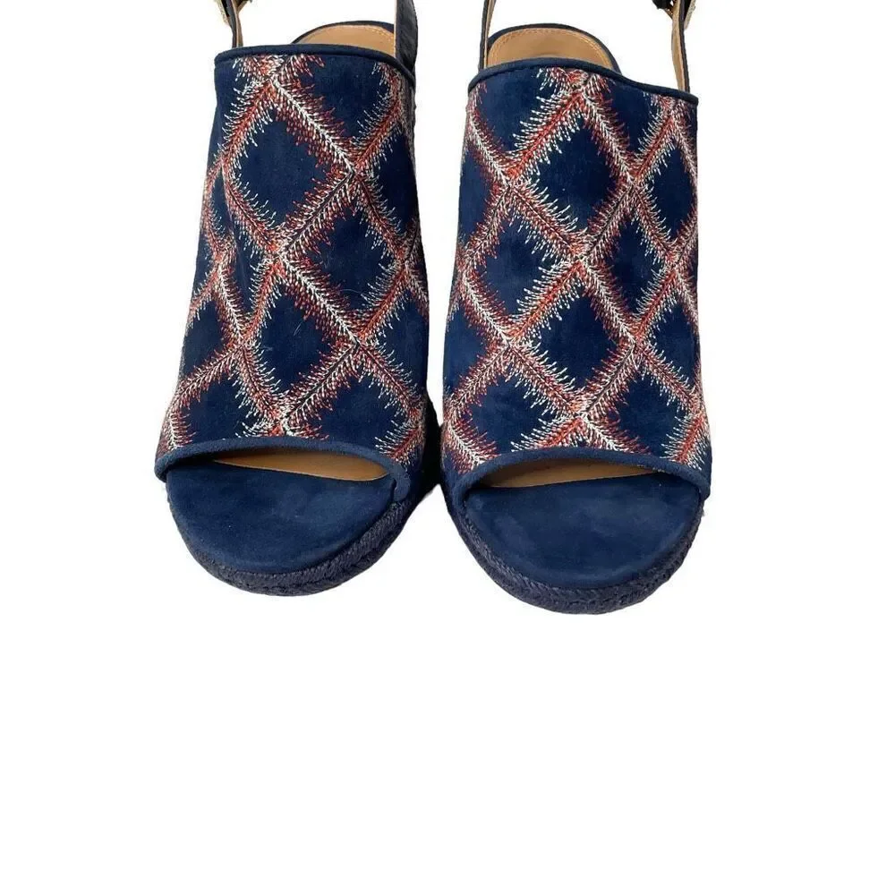 Tory Burch Trinity suede embroidered block heel‎ sandals heels Size 8.5 blue